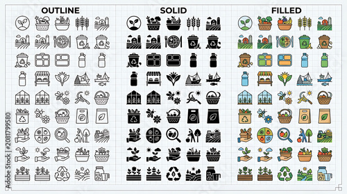 Icons representing sustainable farming and environmental conservation are displayed in outline, solid, and colored styles for design projects.