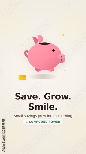 Glossy pink piggy bank with dropping golden coin and sparkle. 3D-inspired playful illustration animation. Warm cream and gold color palette for savings concept in presentations and social media