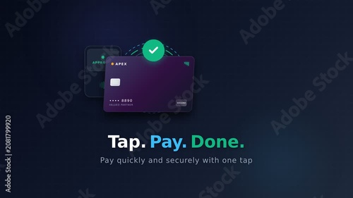 Credit card floating near payment terminal with contactless pulse and checkmark animation. Sleek 3D motion graphics in dark navy and electric blue. 