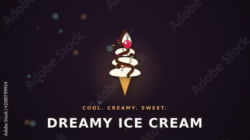 Dreamy Ice Cream. Waffle cone rises as vanilla soft-serve swirl forms under glossy chocolate drizzle and sprinkles with cherry. Motion graphics recipe video. 
