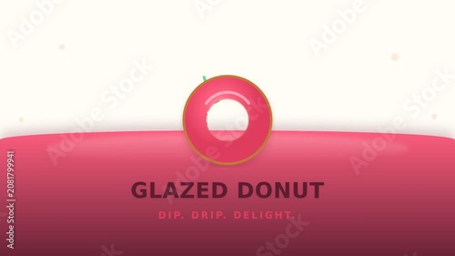 Golden donut dipping in glossy pink strawberry glaze with sprinkles. Food animation in flat design style. Motion graphics for social media and cooking channels