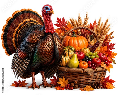 Turkey standing next to a fruit and vegetable basket