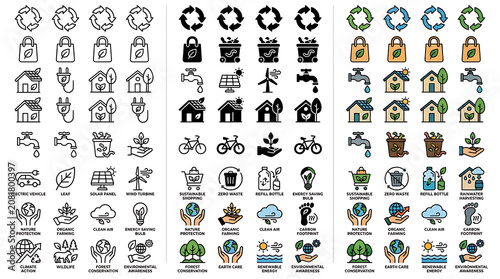 Environmental icons highlight sustainable living practices and eco-friendly solutions for a greener future.
