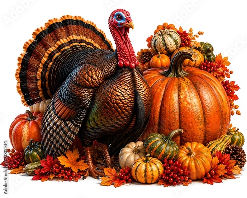 Turkey surrounded by pumpkins and fall leaves on white