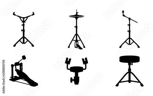 Drum Set Accessories Vector Icons, Percussion Equipment Silhouettes, Music Gear