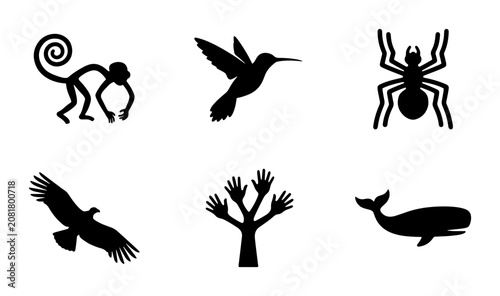 Diverse Animal Silhouettes Collection: Monkey, Hummingbird, Spider, Eagle, Tree, Whale Icons