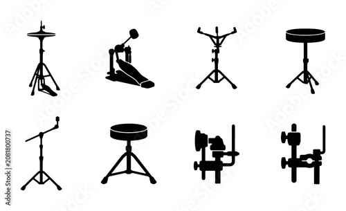 Drum Hardware Icons, Percussion Stands, Music Equipment Silhouettes, Vector Set