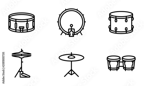 Drum Set Icons, Percussion Instruments, Musical Equipment Vector Graphics