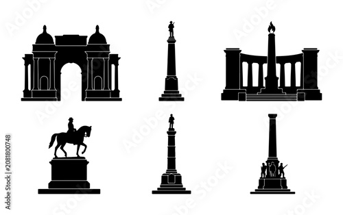 Monument Icons Set: Arch, Column, Statue, Architecture Silhouettes