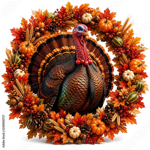 Turkey surrounded by autumn leaves and pumpkins wreath
