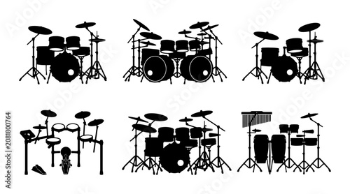 Drum Kit Silhouettes, Percussion Set Icons, Musical Instrument Vector Graphics