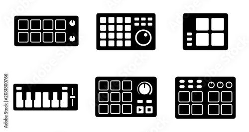 Music Production Controllers, Beat Maker Pads, DJ Gear Icons, Electronic Instrument Interfaces