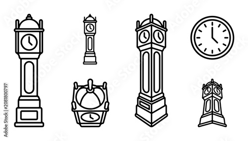 Grandfather Clock Icons, Vintage Timepiece Vector Set, Antique Clock Collection