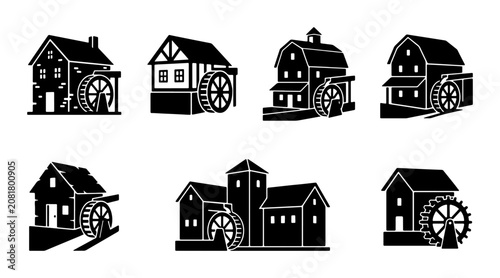 Watermill Icons Set, Rustic Building Illustrations, Historic Industry Vector Graphics