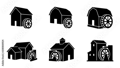 Watermill Icons Set, Rustic Building Silhouettes, Vintage Industrial Vector Graphics