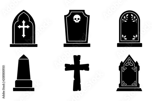 Gothic Tombstone Icons, Cemetery Gravestone Vector Set, Halloween Memorial Symbols