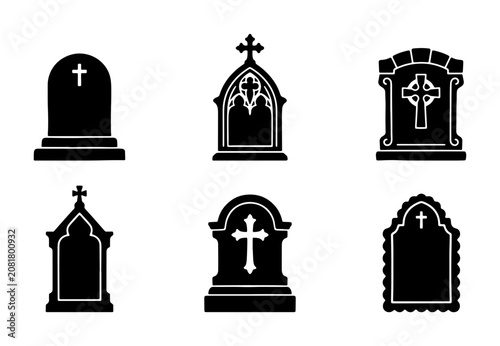 Gothic Tombstone Icons, Gravestone Vector Set, Memorial Stone Graphics