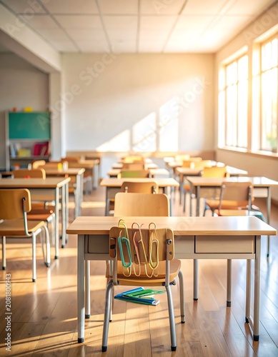 Empty classroom with wooden desks and chairs bathed in warm sunlight.