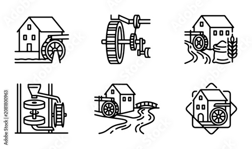 Watermill Icons, Vintage Mill Set, Rural Industry Vector Graphics