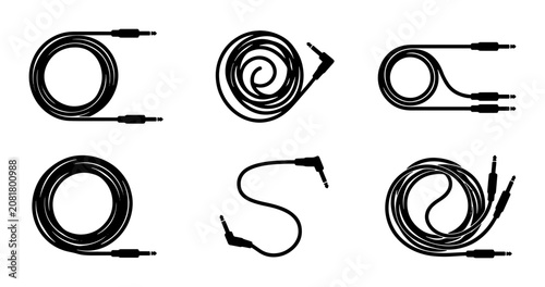 Audio Cables, Black Jack Connectors, Set of 6 Vector Icons, Music and Tech