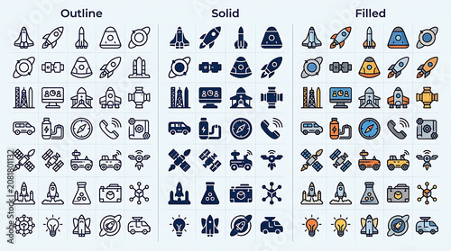 Aerospace icons provide a comprehensive collection of modern space exploration technology and research designs.