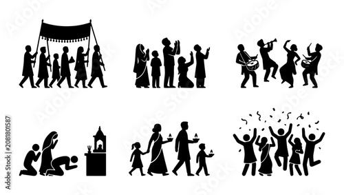 Foto Indian Wedding Ceremony Icons, Cultural Celebration Silhouettes, Festive Ritual