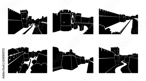 Photos Medieval Castle Walls, Fortress Architecture, Historic Fortifications Vector Set