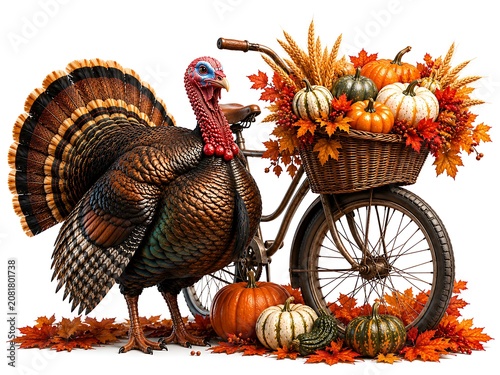 Turkey standing next to bicycle with pumpkins in basket outdoors
