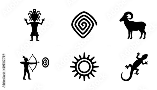 Εκτύπωση καμβά Ancient Petroglyph Icons: Tribal Man, Ram, Archer, Sun, Spiral, Lizard
