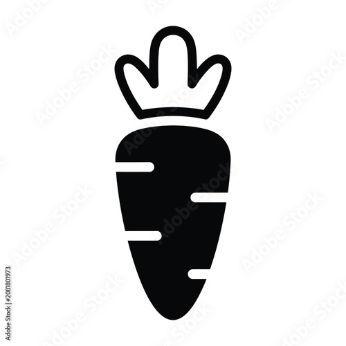 Black carrot icon with green leafy top on white background simple symbol