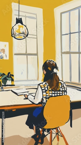 Woman working in brightly lit modern office with yellow walls and large windows