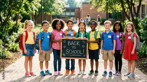 Smiling kids with backpacks holding a back to school sign on a brick pathway outside a school building on a sunny day