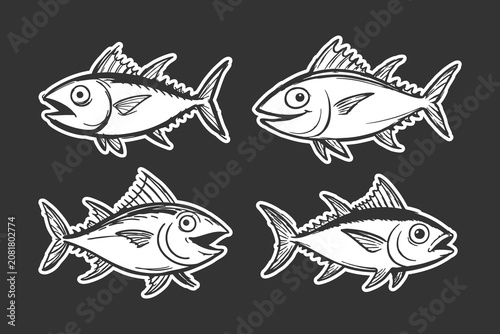 Fényképezés Tuna fish set featuring four hand drawn sketch style illustrations of swimming m