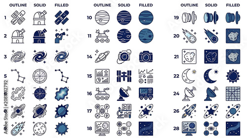 Astronomy icon library features structured and filled celestial symbols representing various space exploration and observation equipment.