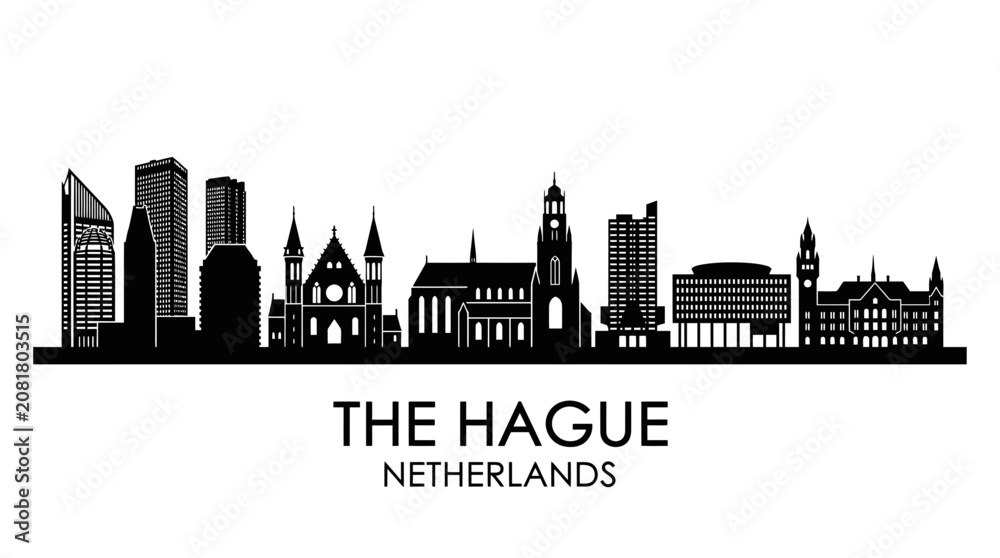Obraz premium The Hague Skyline Silhouette, Netherlands - Modern and Historic Architecture