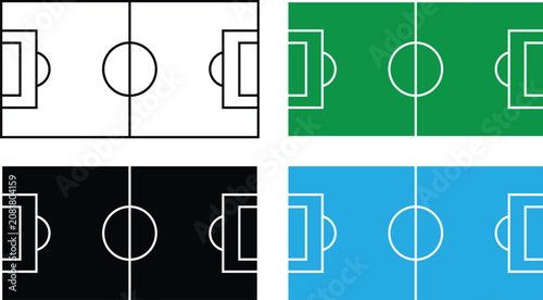 Soccer Football Field Pitch Layout Diagram Set Vector Illustration in Green, Blue, Black and White Backgrounds