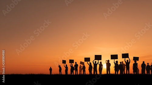 Silhouettes of Protesters Holding Signs Against a Fiery Sunset Sky.
