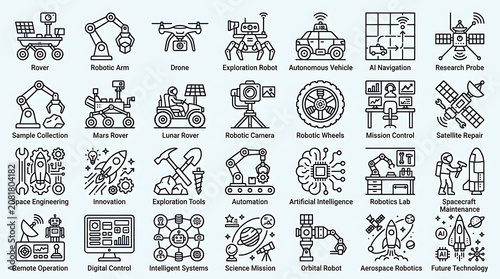 Robotics icons showcase a comprehensive collection of technological line art symbols for advanced engineering, space exploration, and autonomous machine system development projects.