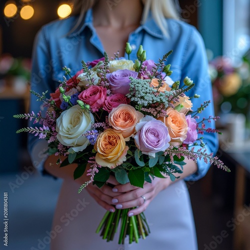 elegant woman holding a pastel flower bouquet