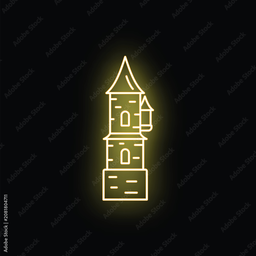Obraz premium Castle tower icon glowing with a yellow neon light on a dark background