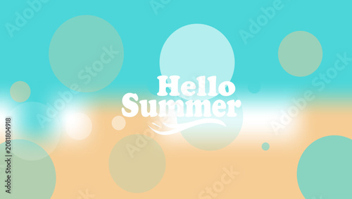 A bright summer greeting text overlaying a soft blurred beach scene with bokeh lights.