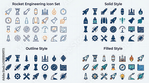 Rocket engineering icon set organizes aerospace symbols into structured categories for professional design applications.