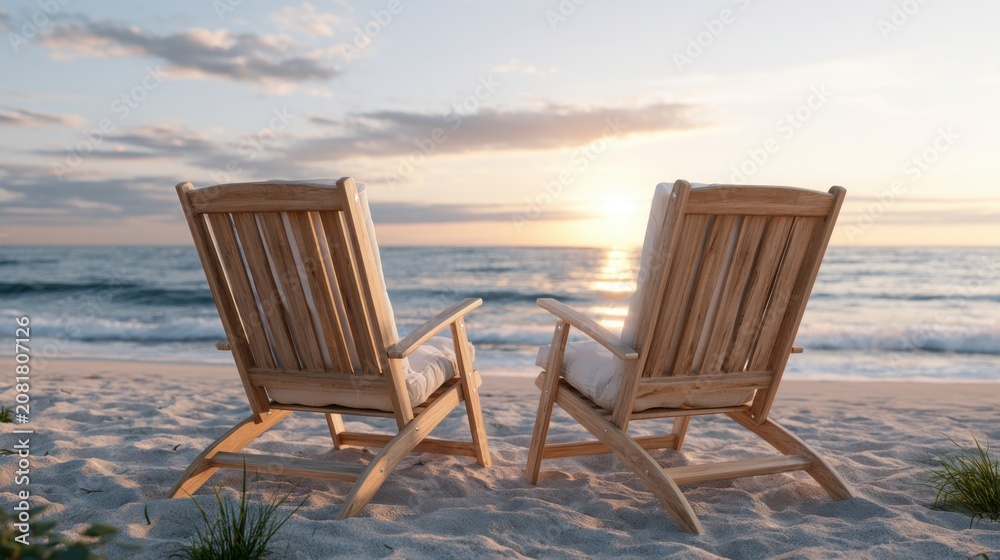 Fototapeta premium Two wooden lounge chairs facing the ocean at sunset on a sandy beach, with gentle waves and clouds in the sky creating a serene coastal atmosphere