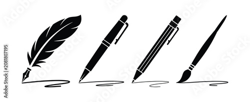 Feather Pen, Pencil, Pen and Paintbrush Writing Icons, Clean Minimalist Vector for Letter Writing, Calligraphy, Drawing, Creative Design, and Stationery.