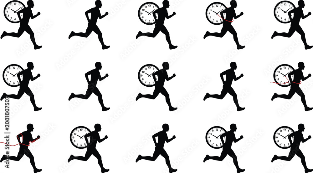Obraz premium Running man silhouette set with clock representing deadline time management and crossing finish line