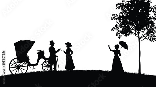 Konstfotografi Vintage Victorian people silhouette set with horse carriage and elegant figures