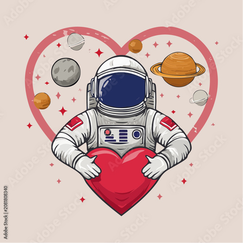 Astronaut holding a red heart in space with planets