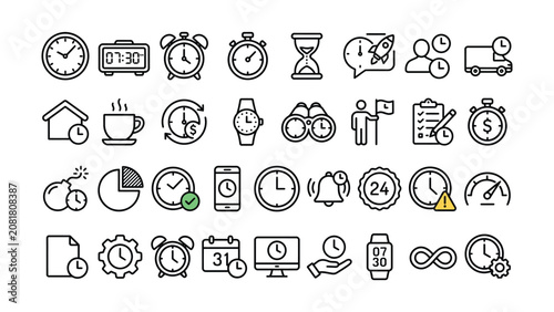 Collection of various time management and clock related icons isolated on transparent background
