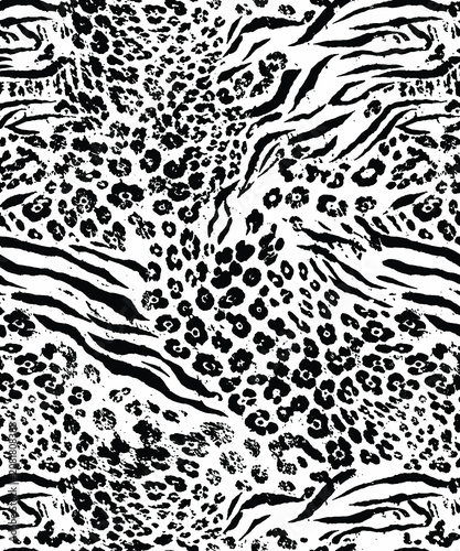 mixed leopard and tiger stripes seamless pattern, black and white animal skin texture textile 