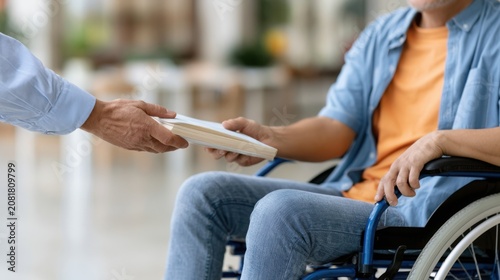 Male caregiver hands a book to a person in a wheelchair inside an inclusive school environment with bright lighting and modern furnishings